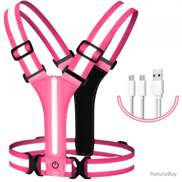 Gilet LED rflchissant rechargeable USB - Haute visibilit course vlo nuit Rose