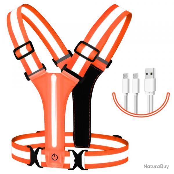 Gilet LED rflchissant rechargeable USB - Haute visibilit course vlo nuit Orange