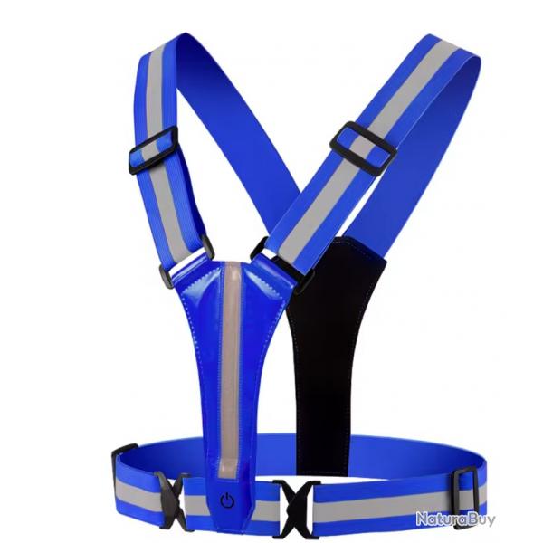 Gilet LED rflchissant rechargeable USB - Haute visibilit course vlo nuit Bleu