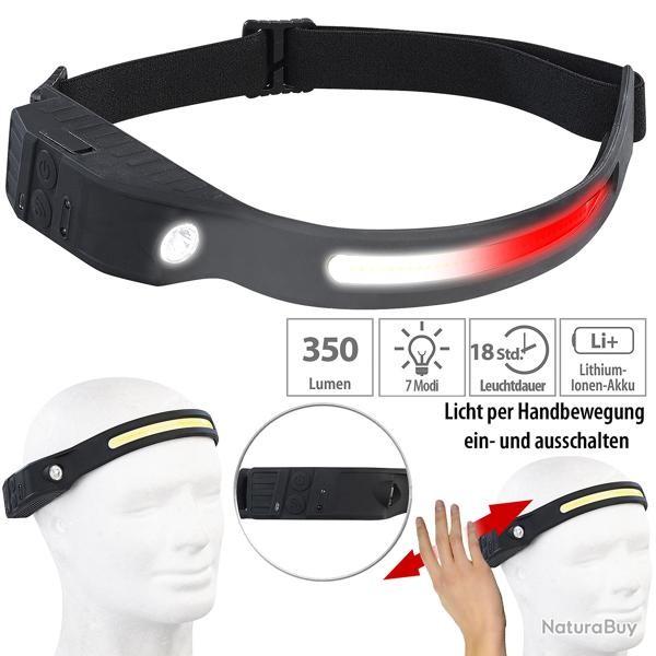 LAMPE FRONTALE A LED 350 lumens avec faisceau blanc ou rouge +  capteur