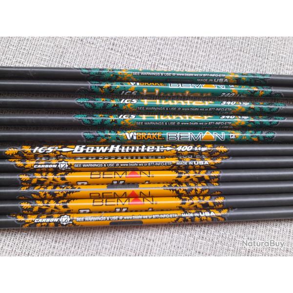11 Tubes de flche carbone ICS Beman hunter + lot de divers plumes empennage