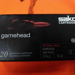 lot de 5 boites de 20 cartouches sako gamehead 222 rem mag 55gr