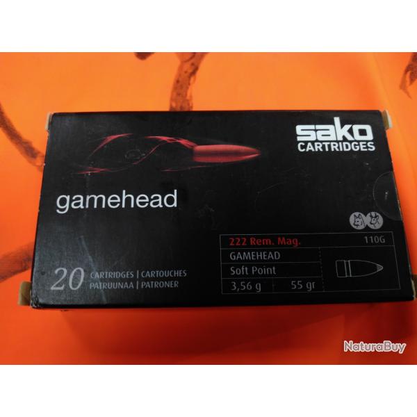 lot de 5 boites de 20 cartouches sako gamehead 222 rem mag 55gr