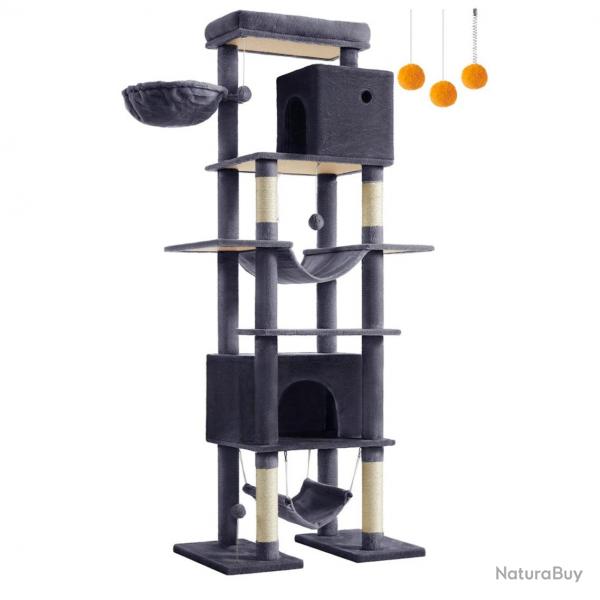 Arbre  chat 201 cm forme de tour taille xxl multi-niveaux 1 plateforme 1 panier 2 niches 2 hamacs