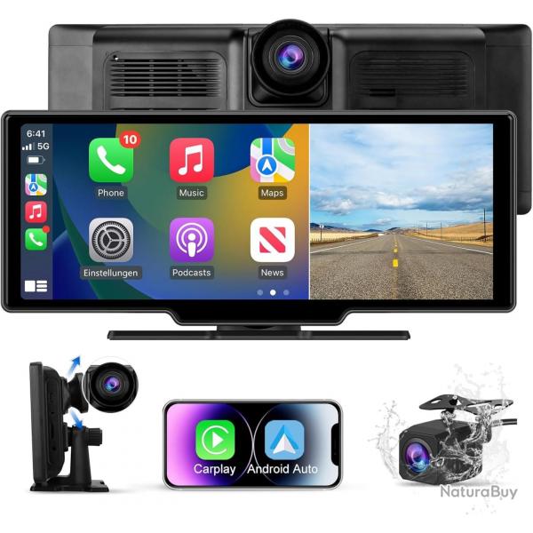 Carplay Voiture & Android Auto,10,26" cran Carplay avec Dashcam Avant 4K, Camra Arrire 1080P Incl