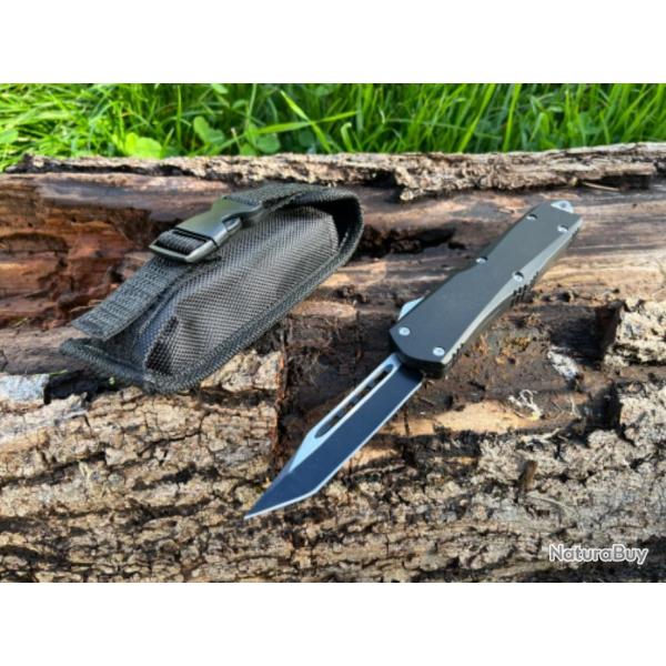Couteau automatique acier OTF lame tanto noir et blanc enchre