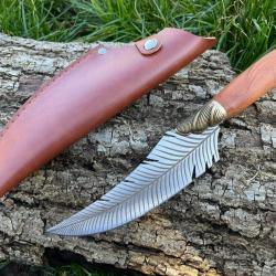 COUTEAU DROIT 26CM LAME PLUME D'OISEAU ETUI CUIR enchère