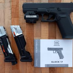 Glock 43 t4e umarex,lampe laser 800 lumens, 2 chargeurs, 400 billes, 5 sparclettes...