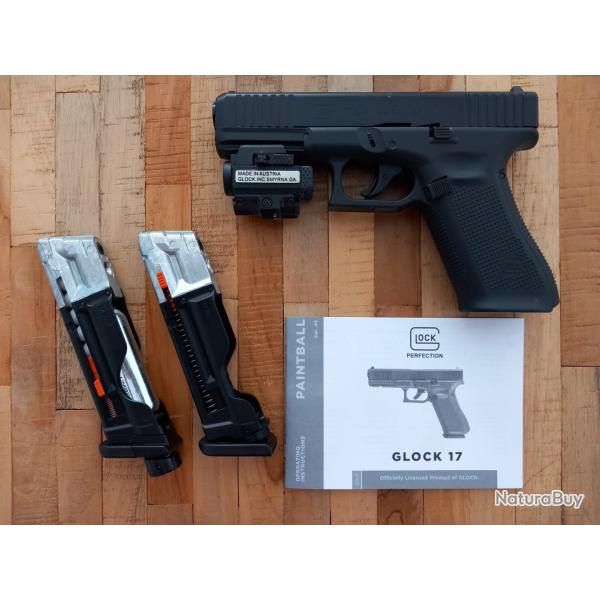Glock 43 t4e umarex,lampe laser 800 lumens, 2 chargeurs, 400 billes, 5 sparclettes...