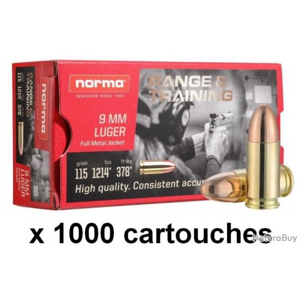 CARTOUCHE NORMA CALIBRE 9x19 FMJ 115gr PAR 1000 VENTE FLASH