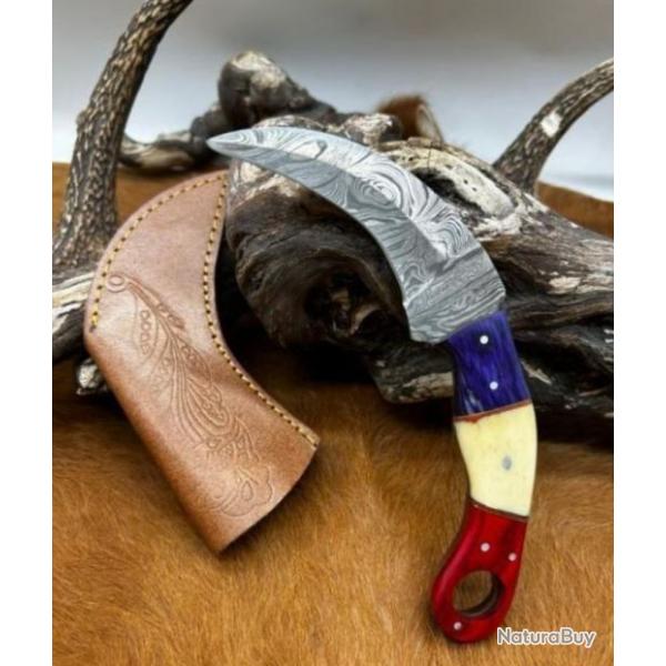 Couteau Karambit Lame Acier DAMAS 256 couches manche en os