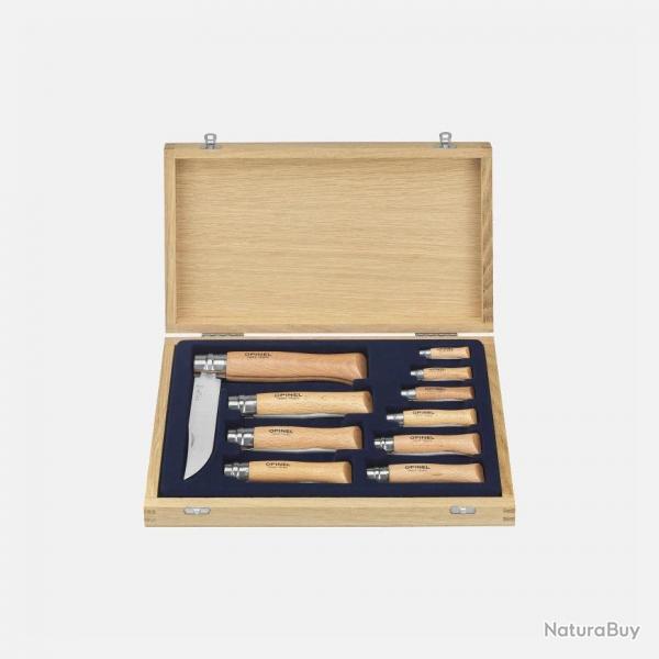 Coffret Collection Opinel - 10 Couteaux Inox Tradition du N02 au N12 avec Vitrine Bois