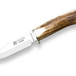 COUTEAU À DÉPOUILLER JOKER HURÓN, MANCHE CORNE DE CERF, LONGUEUR LAME 11 CM ACIER INOX ÉTUI EN CUIR