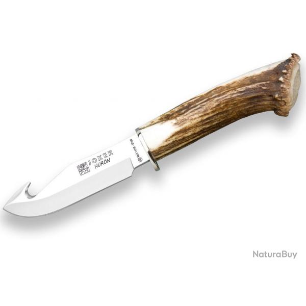 COUTEAU  DPOUILLER JOKER HURN, MANCHE CORNE DE CERF, LONGUEUR LAME 11 CM ACIER INOX TUI EN CUIR