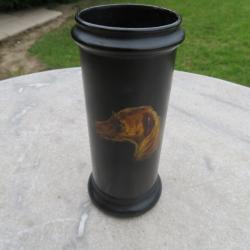 Ancien pot a crayon en papier mâché couleur noir à décor polychrome peint de chiens (Milieu XIXé)