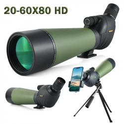 Longue-Vue 20-60x80 HD avec Prisme BAK4 Double Mise au Point Oculaire Coudé 45° + Trépied Vert/Noir