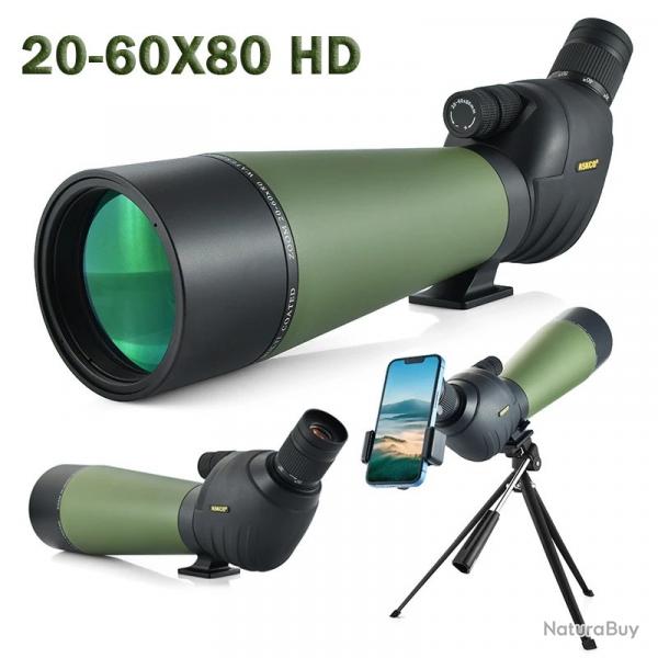 Longue-Vue 20-60x80 HD avec Prisme BAK4 Double Mise au Point Oculaire Coud 45 + Trpied Vert/Noir