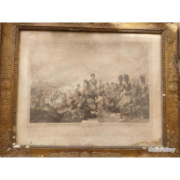 Lithographie ancienne XIXe Bataille d'Essling 1809 Napolon encadrement d'poque