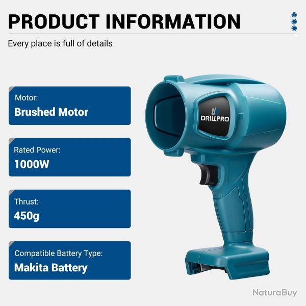 Souffleur Turbine Drillpro Moteur  Balais Compatible Avec Batterie Lger et Puissant Contrle de Vi
