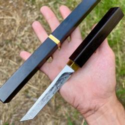 Couteau lame fixe acier damas Tanto style japonais étui intégral bois d'ébène collection custom #311