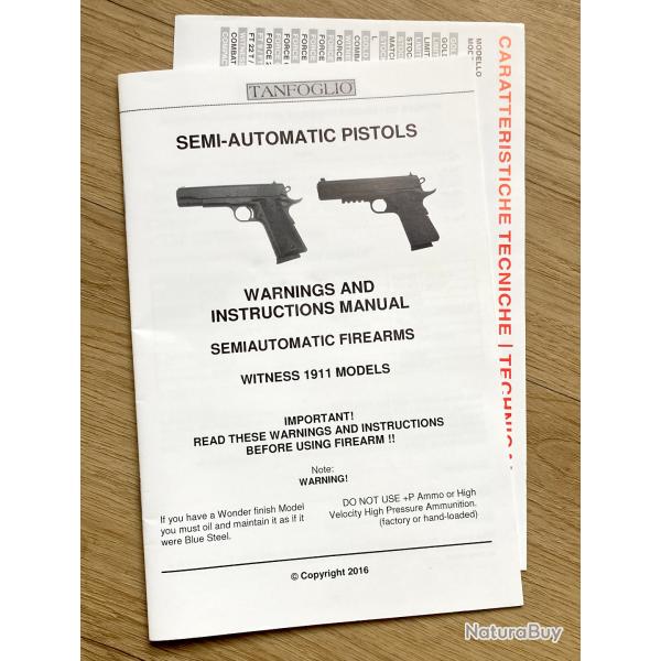 manuel anglais Tanfoglio  Colt 45 original