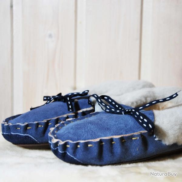 Chaussons mocassins femme chauds en peau d'agneau  bleu marine navy 36