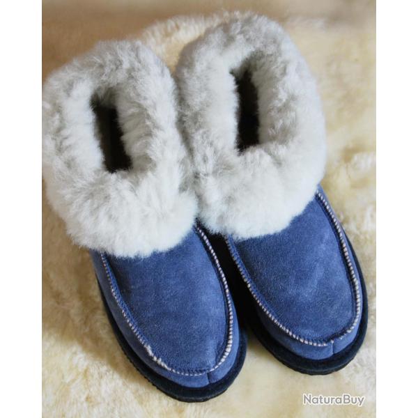 Chaussons chauds en peau de mouton Femme et Homme bleu marine navy 41