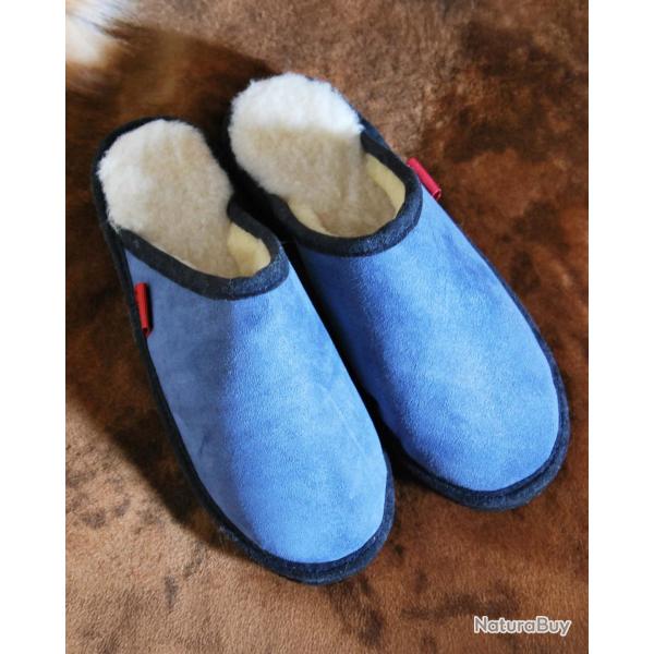 Chaussons homme chauds mules nordiques en peau d'agneau bleu marine navy 43