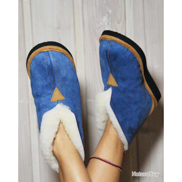 Chaussons Femme et Hommes chauds et hauts en peau d'agneau bleu marine navy 39