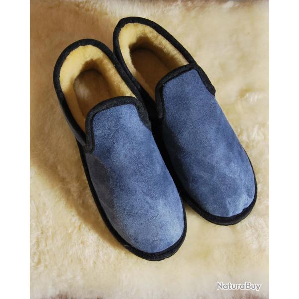 Chaussons chauds charentaises Homme et femme en peau de mouton bleu marine navy 41