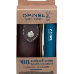 Opinel Couteau de poche N°08 acier inoxydable + étui bois hêtre vernis bleu