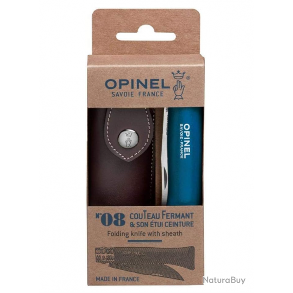 Opinel Couteau de poche N08 acier inoxydable + tui bois htre vernis bleu