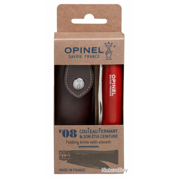 Opinel Couteau de poche N08 acier inoxydable + tui bois htre vernis rouge
