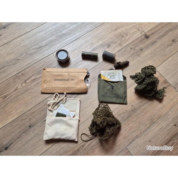 stick camouflage, kit gaz Mask, lunette décontamination, ceinturon US, navette fusil, 2 filet casque