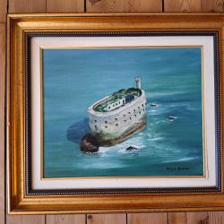 Huile sur toile de Roland Rochefort signé et encadré Fort Boyard en Charente Maritime 58 X 50 cm