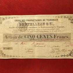 Action de 500 francs or Boutelleau Cognac vignobles 1856 Charentes avec cachets et historique