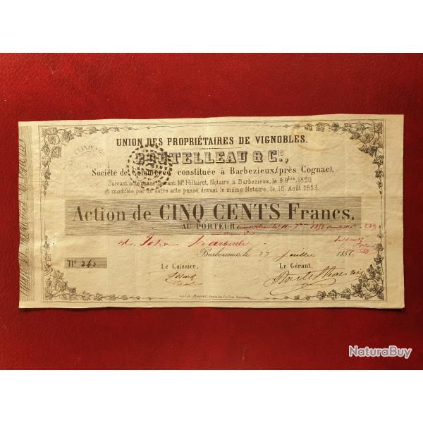 Action de 500 francs or Boutelleau Cognac vignobles 1856 Charentes avec cachets et historique