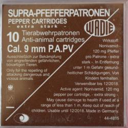Cartouches Supra Pepper Gaz PA PV - Cal. 9 mm x10