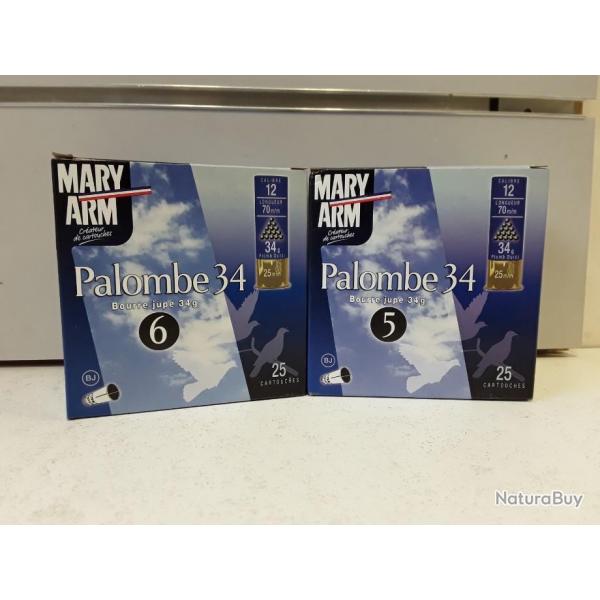 Lot de 50 cartouches Mary arm PALOMBE cal.12 34g bourre jupe