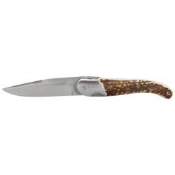 Couteau Chasse Couttier - Lame 105mm - Manche Bois de Cerf avec guillochage - Etui cuir
