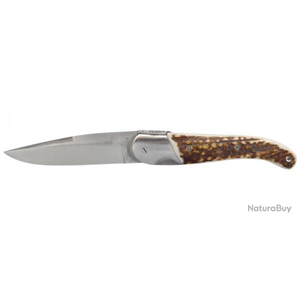 Couteau Chasse Couttier - Lame 105mm - Manche Bois de Cerf avec guillochage - Etui cuir
