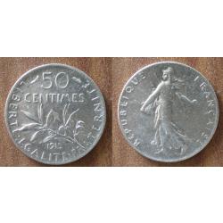 France 50 Centimes 1915 Piece Argent Semeuse Centime