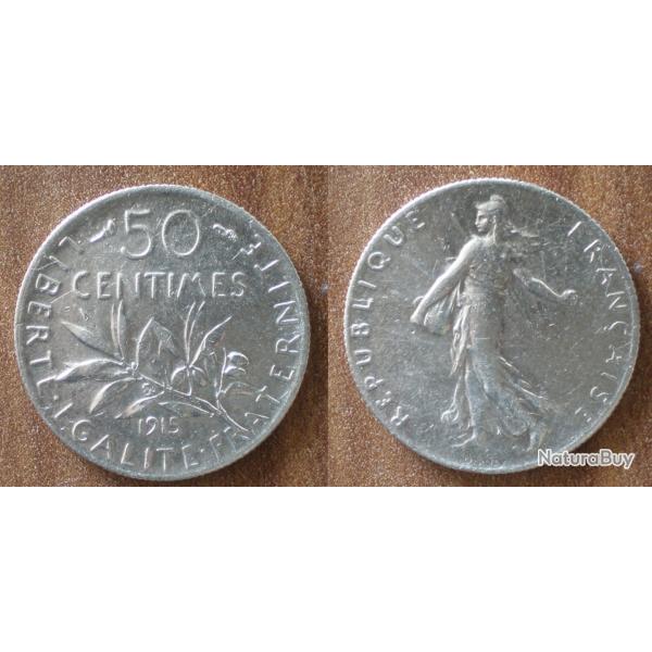 France 50 Centimes 1915 Piece Argent Semeuse Centime
