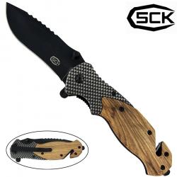 Couteau tactique pliant SCK - Lame noire, manche bois et carbone