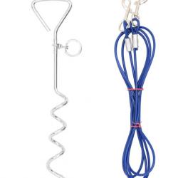 Câble attache chien avec piquet de sol bleu 3 m acier PVC sécurité plein air pratique