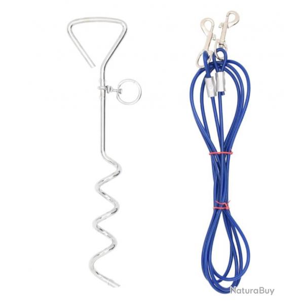 Cble attache chien avec piquet de sol bleu 3 m acier PVC scurit plein air pratique