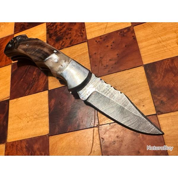 Couteau pliant Damas - Corne de Blier - Cran de sret