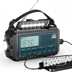 Radio Solaire à Manivelle AM/FM/S Batterie 12000mAh Alarme SOS Lampe Torche Lampe de Lecture Type C