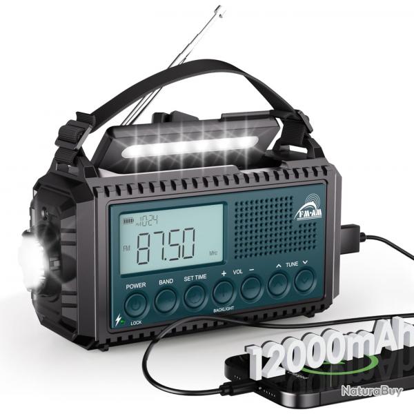 Radio Solaire  Manivelle Batterie 12000mAh AM/FM/S Alarme SOS Lampe Torche Lampe de Lecture Type C