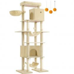 Arbre à chat 201 cm forme de tour taille XXL multi-niveaux 1 plateforme 1 panier 2 niches 2 hamacs